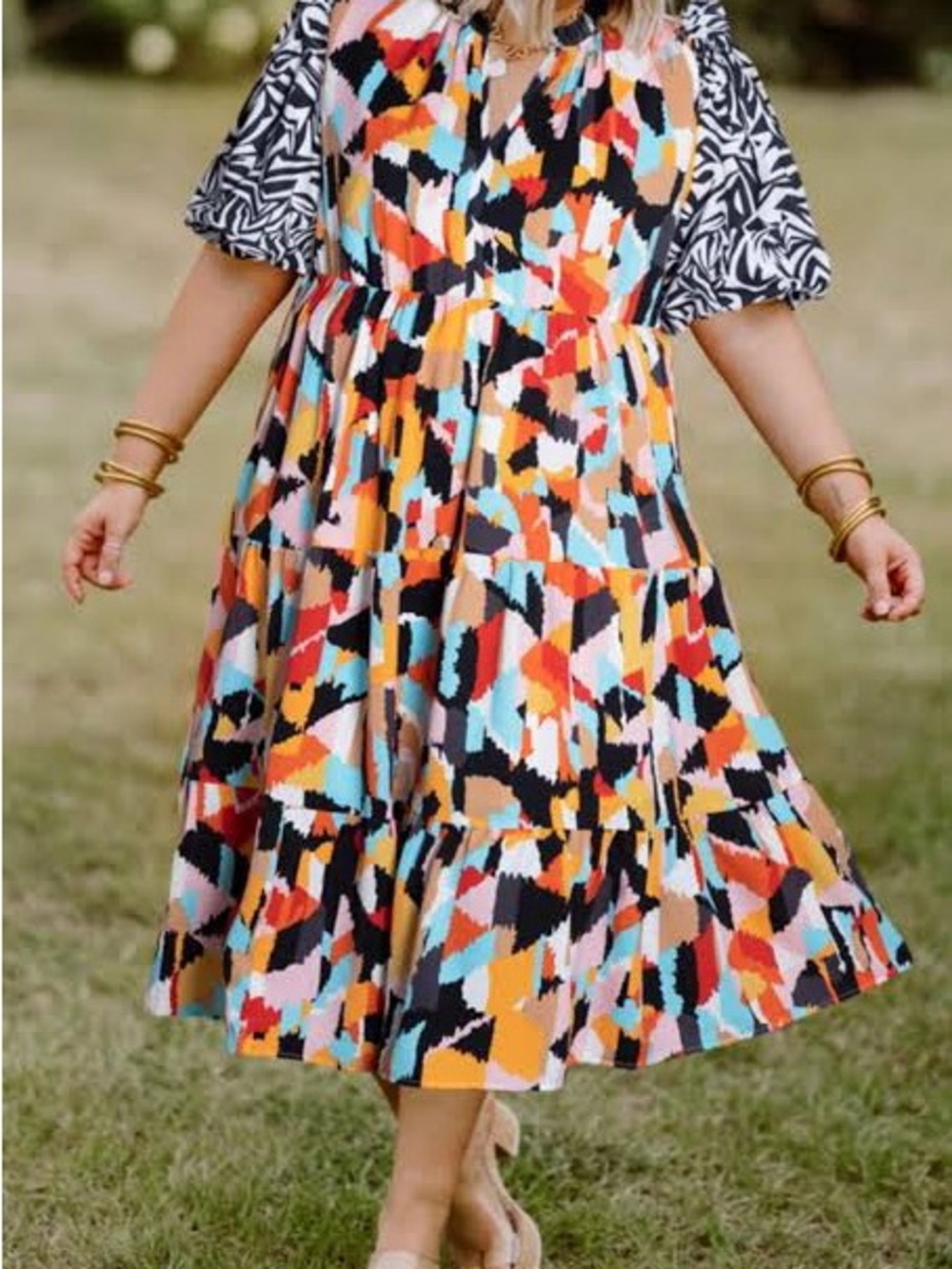 Multicolor Geometric Tiered Dress